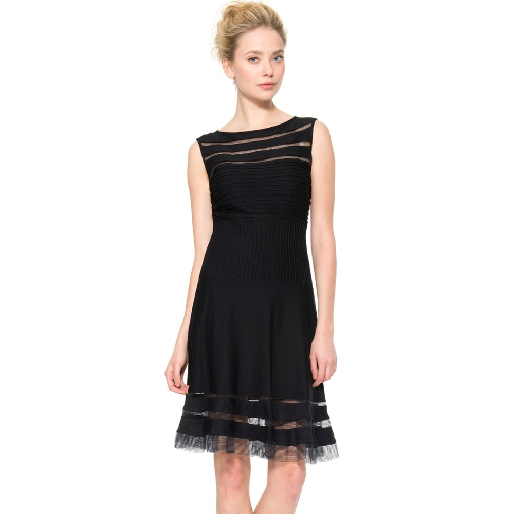 Tadashi Shoji Black Sleeveless Mesh-Trim Fit-and-Flare Dress